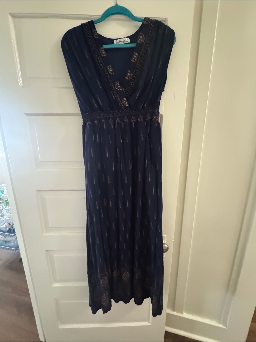 Boho V-Neck Navy Maxi Dress with Embroidered Accents